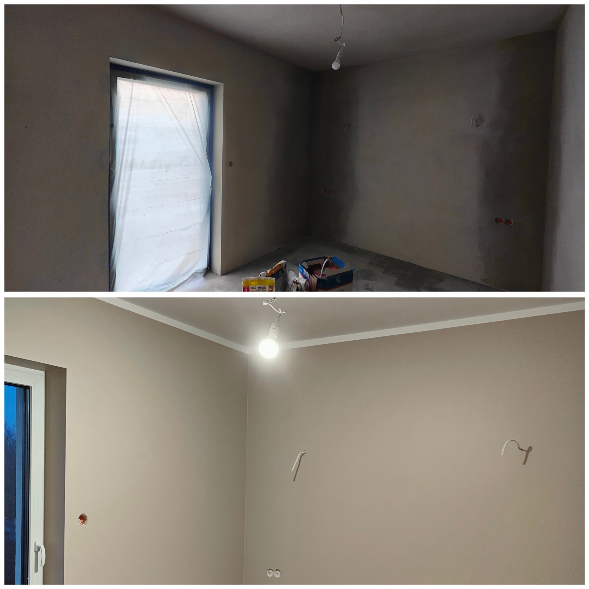 Dwie fazy remontu: surowe ściany przed malowaniem z oknem zabezpieczonym folią oraz ściany po malowaniu na beżowo z listwą ozdobną pod sufitem, widoczne gniazdka elektryczne.