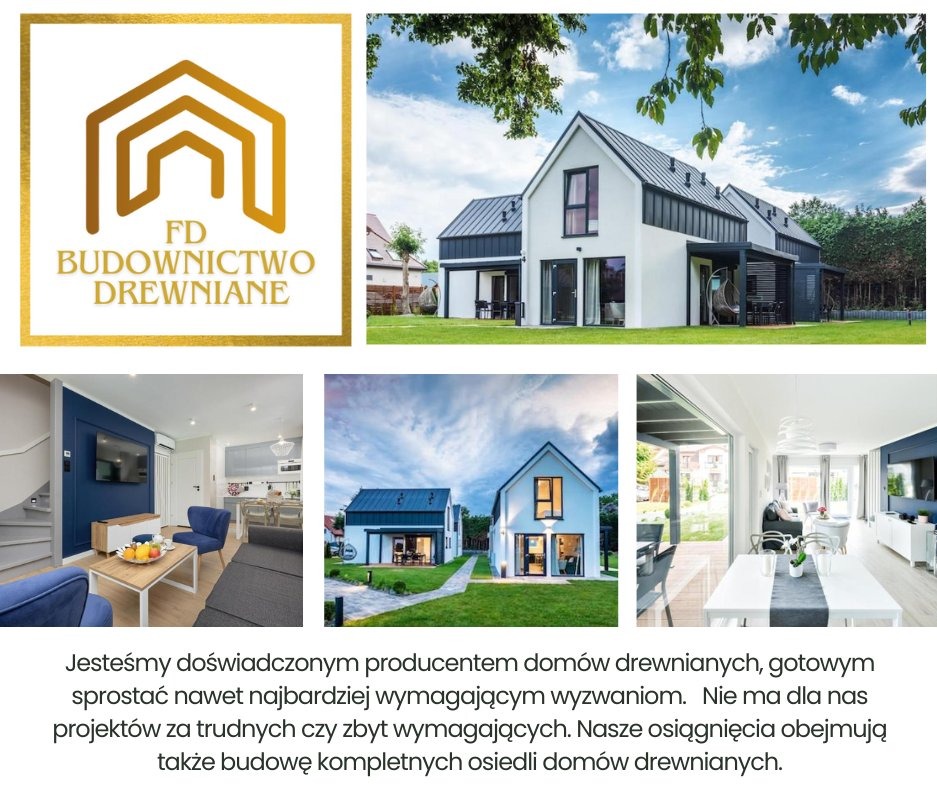 Kolaż prezentujący wizualizacje i zdjęcia z realizacji nowoczesnych domów z białymi elewacjami i ciemnymi dachami, wraz z logo firmy budowlanej w złotym obramowaniu.