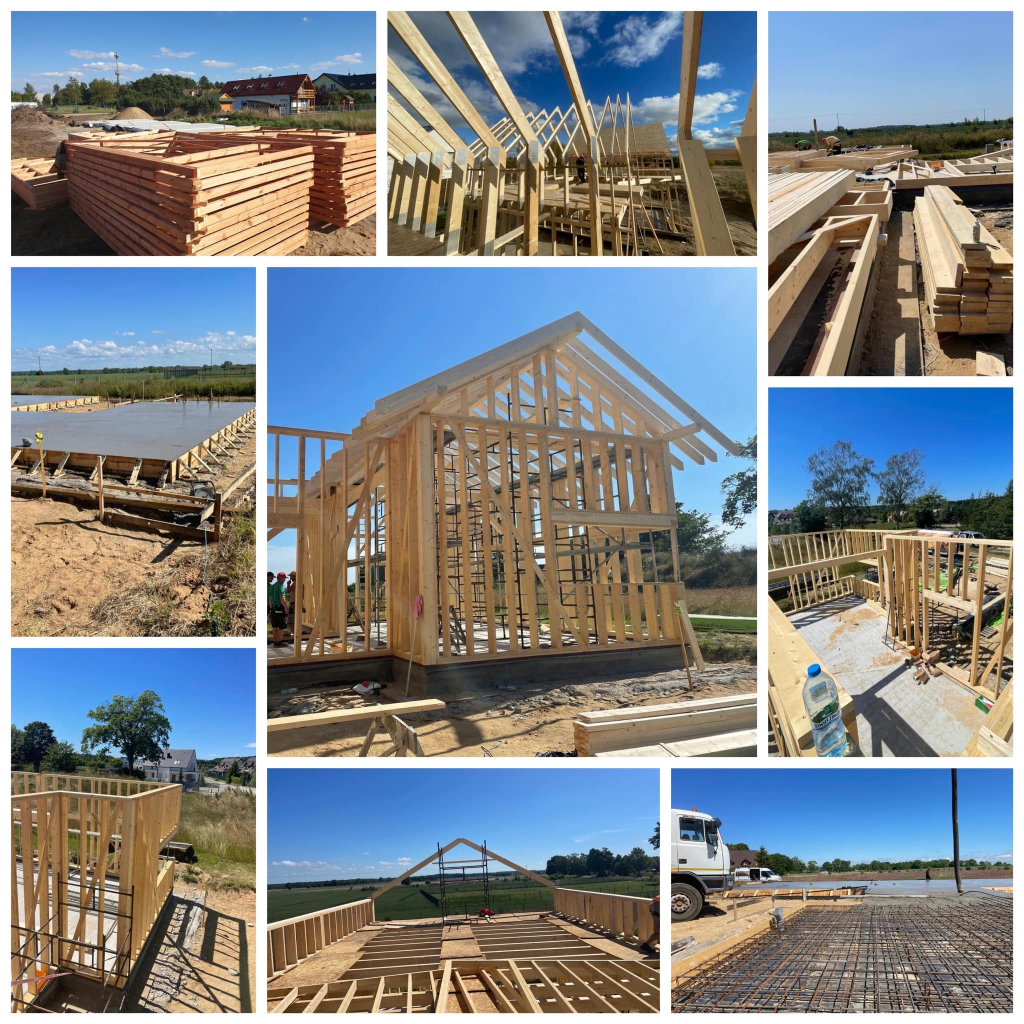 Montaż konstrukcji drewnianej domu w technologii szkieletowej, widok na różnych etapach budowy: przygotowane drewno, fundament, ściany, dach, praca wre w słoneczny dzień.