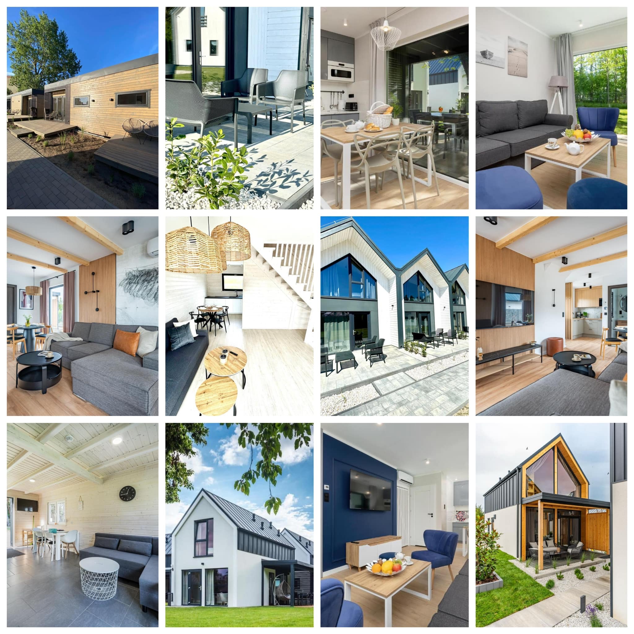 Kolaż przedstawiający różnorodne ujęcia nowoczesnych domów: zewnętrzne elewacje z drewnianymi akcentami i dużymi oknami, przestronne wnętrza z minimalistycznym wystrojem, jasne kolory i naturalne...