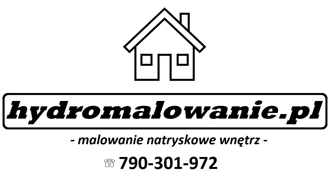 Logo firmy hydromalowanie.pl oferującej malowanie natryskowe wnętrz, z ikoną domu i numerem telefonu.