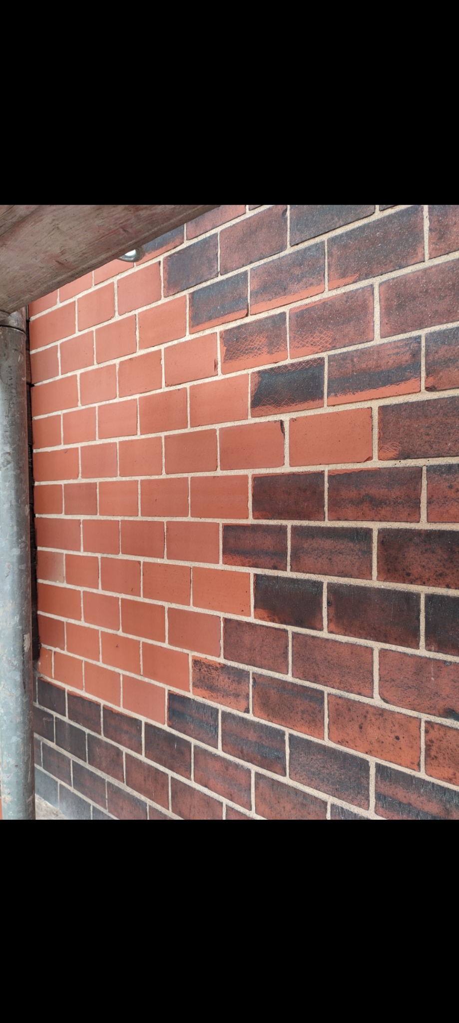 Częściowo wyczyszczona ceglana elewacja budynku, widoczna różnica w kolorze cegieł przed i po czyszczeniu, fragment rusztowania po lewej stronie.