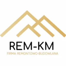 Logo firmy remontowo-budowlanej REM-KM z abstrakcyjnym symbolem góry w kolorze złotym nad nazwą firmy.