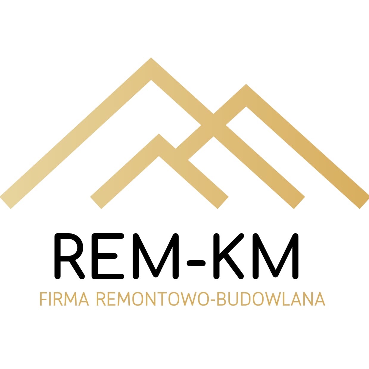 Logo firmy remontowo-budowlanej REM-KM z abstrakcyjnym symbolem góry w kolorze złotym nad nazwą firmy.