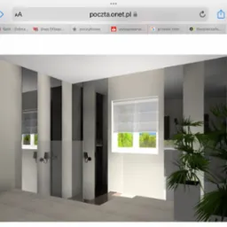 Wizualizacja łazienki w minimalistycznym stylu z lustrami w pionowe pasy, oświetleniem ściennym i rośliną w białej donicy.