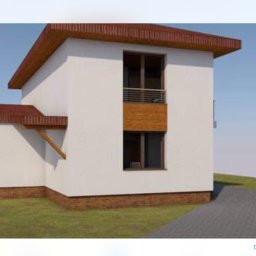 Banasiak kompleksowe wykończenia wnętrz - Wizualizacja dwukondygnacyjnego domu z białymi ścianami, brązowym dachem i elementami drewnianymi, ukazująca elewację z oknami i balkonem, otoczoną zielenią i ścieżką.