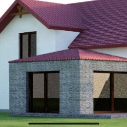 Banasiak kompleksowe wykończenia wnętrz - Wizualizacja domu jednorodzinnego z białymi ścianami, bordowym dachem i kamienną elewacją na dobudówce.