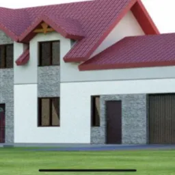 Dwupiętrowy dom z czerwonym dachem, elewacją w kolorze białym i szarym kamieniu, z garażem i drewnianymi detalami.