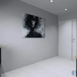 Nowoczesna łazienka w odcieniach szarości z akcentami czerni i drewna, wyposażona w umywalkę nablatową, kabinę prysznicową ze szklaną ścianką, szafkę pod umywalkę z ciemnymi frontami, białe drzwi...