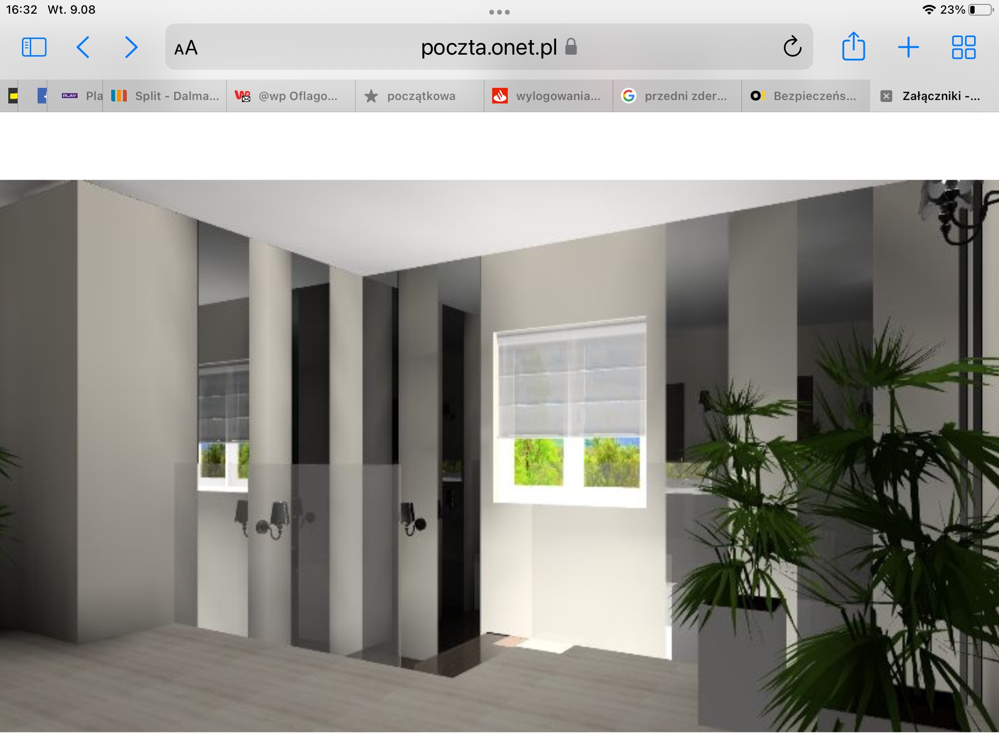 Wizualizacja łazienki w minimalistycznym stylu z lustrami w pionowe pasy, oświetleniem ściennym i rośliną w białej donicy.