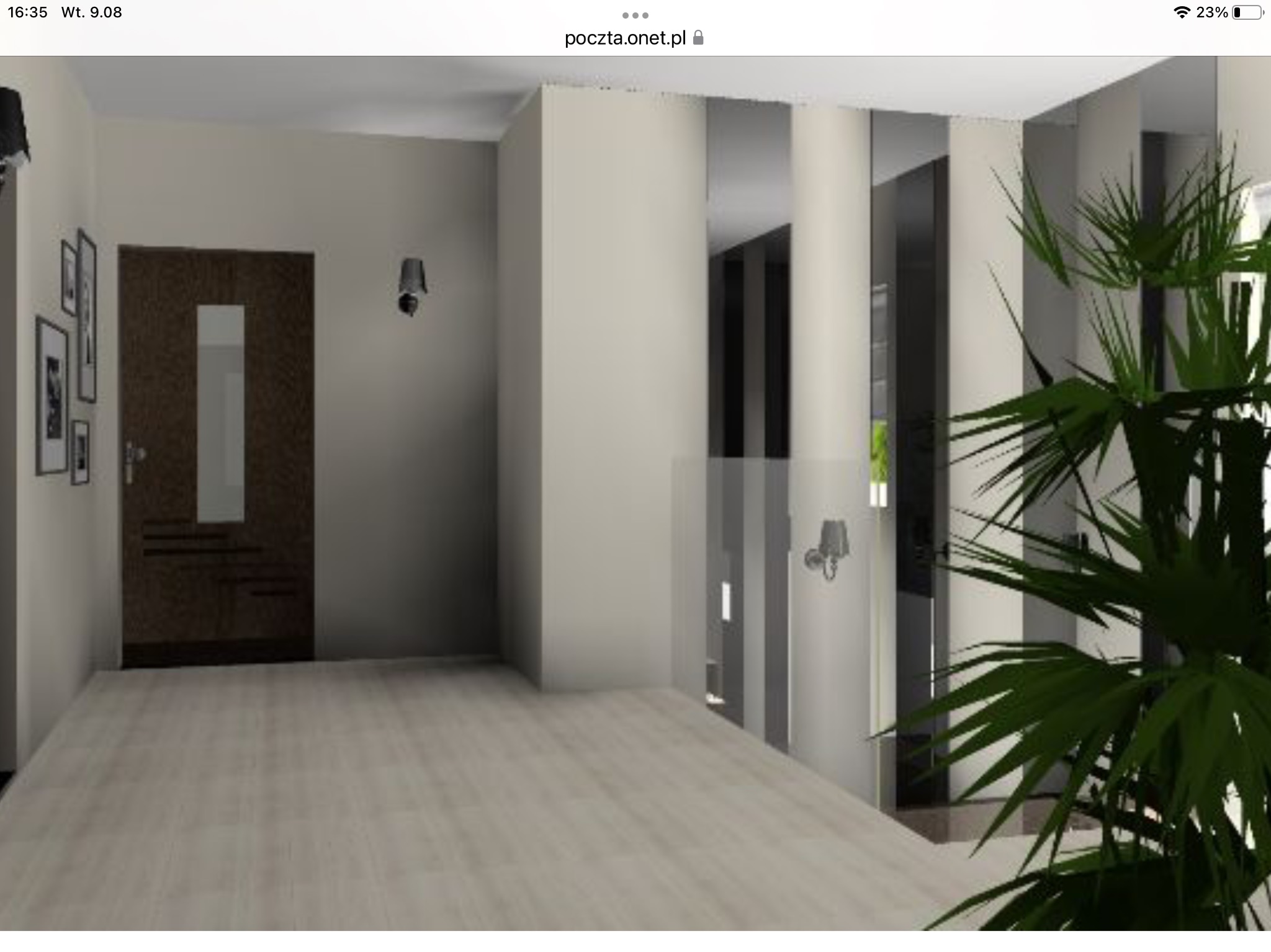 Wizualizacja wnętrza przedpokoju z drewnianymi panelami podłogowymi, ciemnymi drzwiami z przeszkleniem i dekoracyjnymi lampami ściennymi.