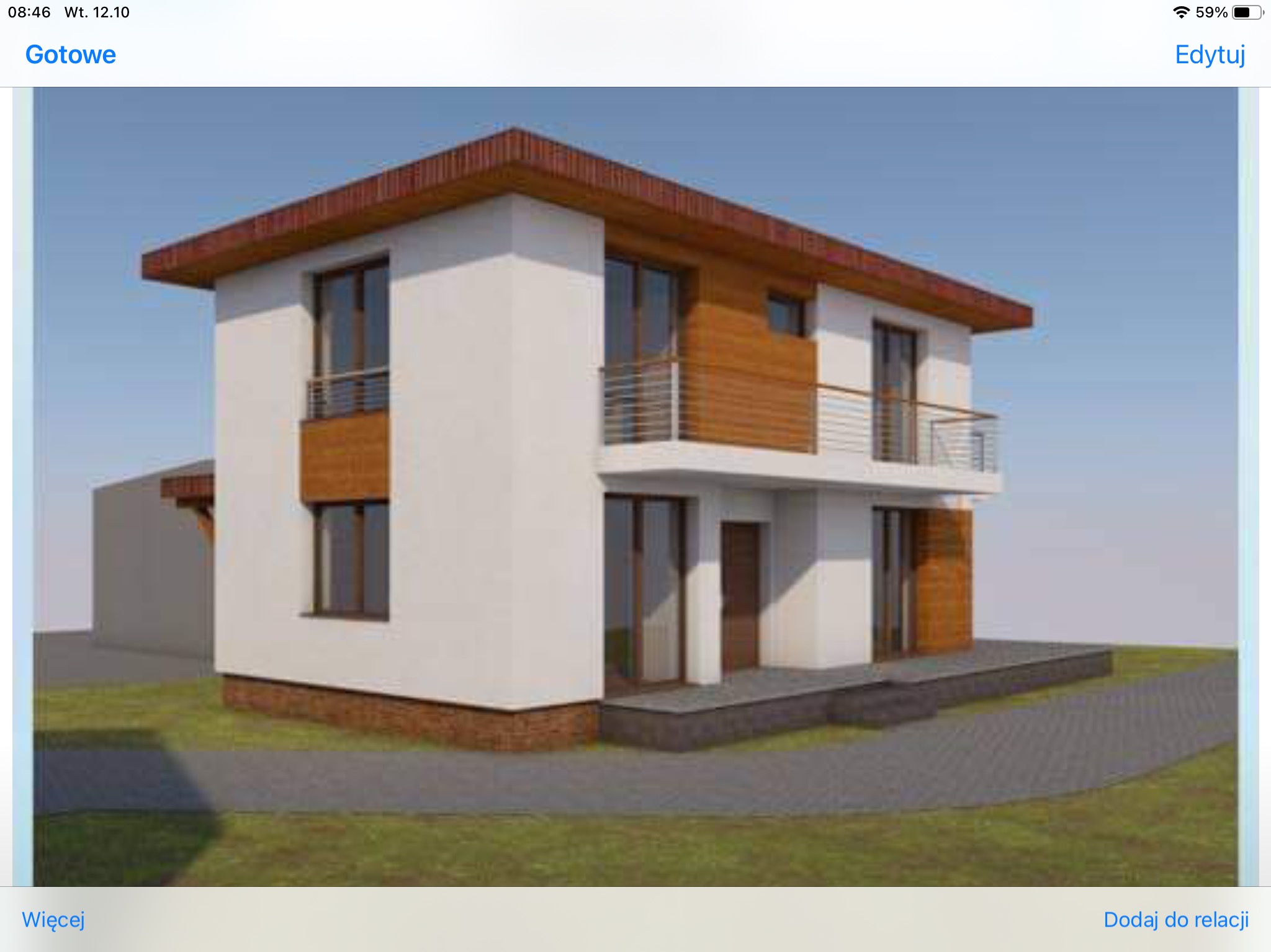 Wizualizacja dwupiętrowego domu z płaskim dachem, białymi ścianami i drewnianymi elementami elewacji, z balkonami z metalową balustradą.