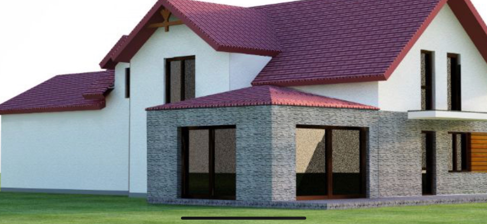 Wizualizacja domu jednorodzinnego z białymi ścianami, bordowym dachem i kamienną elewacją na dobudówce.