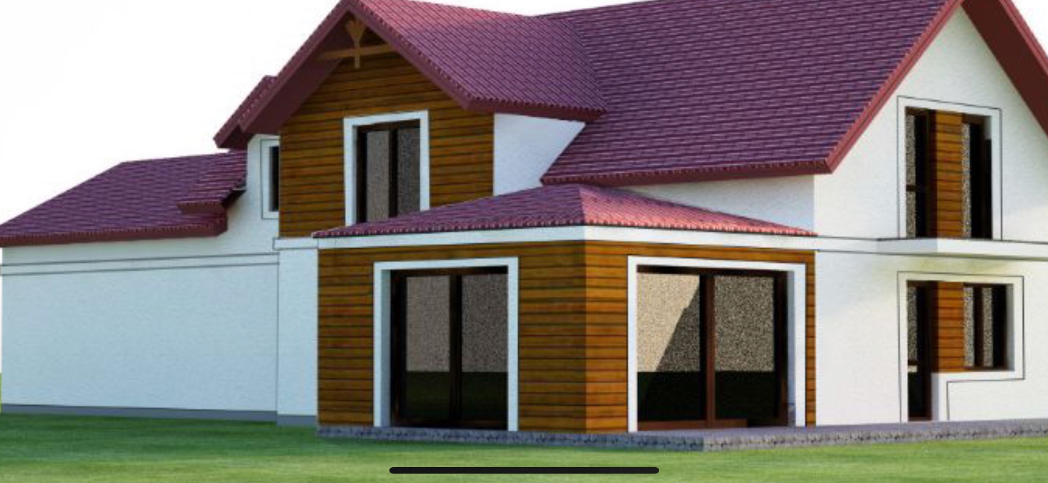Wizualizacja zewnętrzna dwukondygnacyjnego domu z drewnianą elewacją i bordowym dachem, widok z poziomu trawnika.