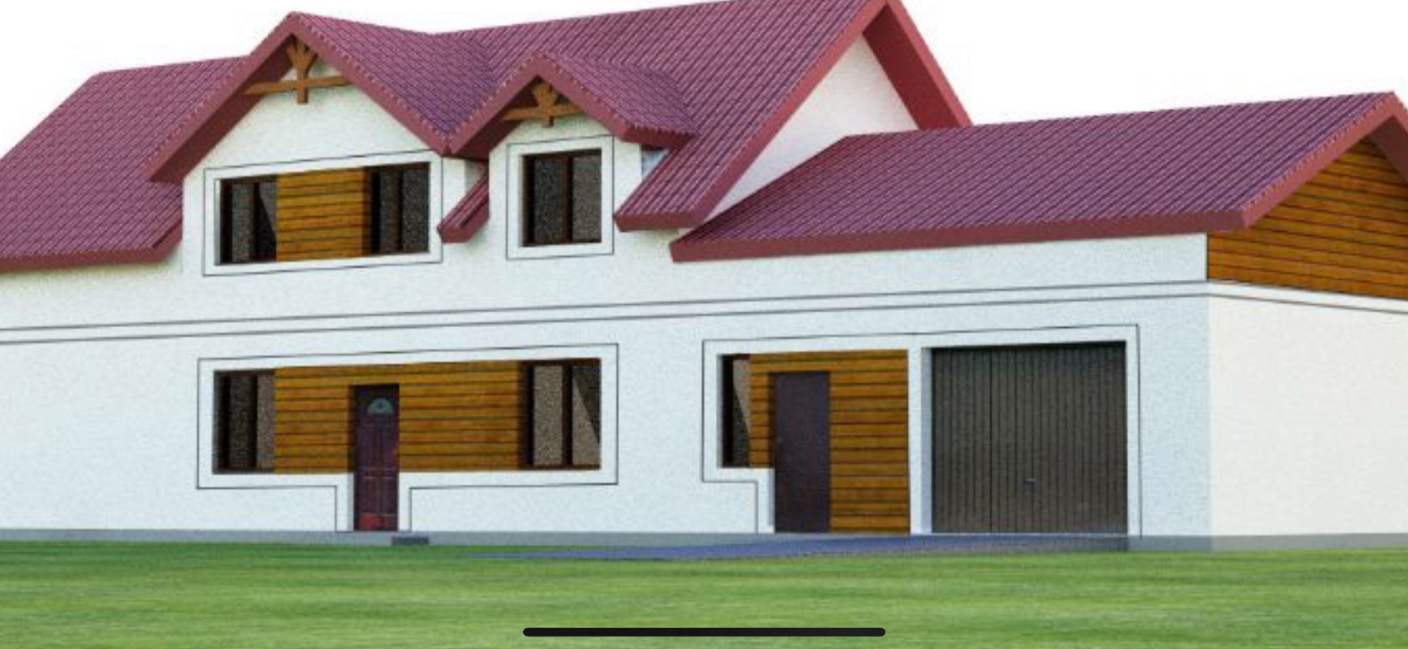 Wizualizacja dwukondygnacyjnego domu z białymi ścianami, bordowym dachem i drewnianą elewacją, widok z zewnątrz na trawnik.