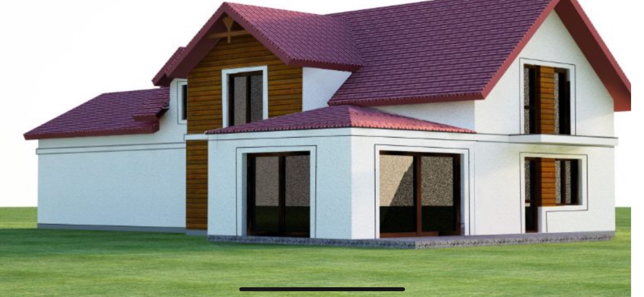 Wizualizacja dwukondygnacyjnego domu z białymi ścianami, drewnianymi akcentami i dachem w kolorze burgundu, prezentowana na tle zielonego trawnika.