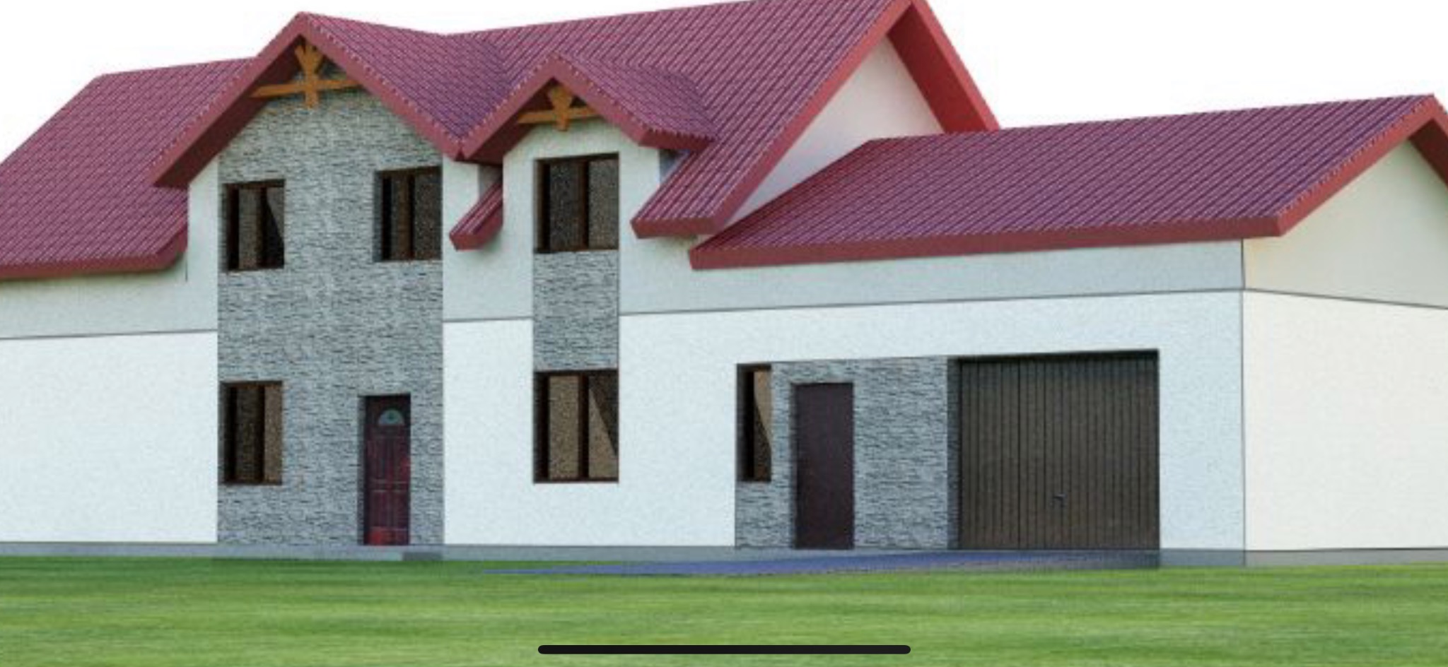 Dwupiętrowy dom z czerwonym dachem, elewacją w kolorze białym i szarym kamieniu, z garażem i drewnianymi detalami.