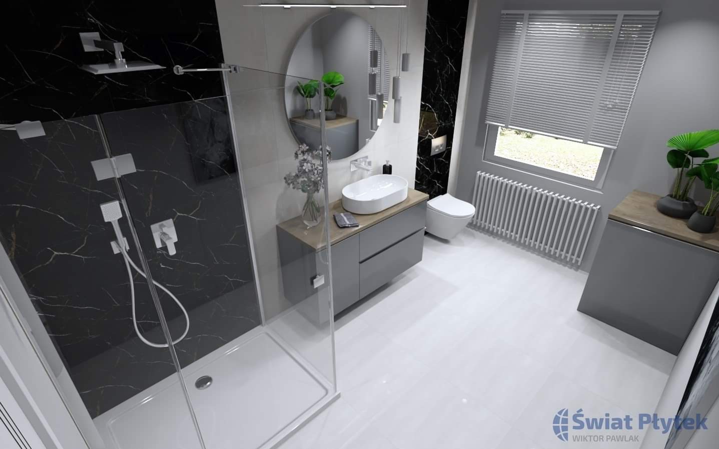 Nowoczesna łazienka z kabiną prysznicową typu walk-in, umywalką nablatową na szarej szafce z drewnianym blatem, czarnymi płytkami imitującymi marmur na ścianach i białymi płytkami podłogowymi.
