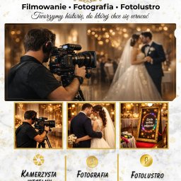 Magia w Obiektywie - Kamerzysta filmuje parę młodą podczas wesela. W tle fotolustro i hasło: Zrób sobie zdjęcie! Profesjonalne filmowanie 4k i fotografia ślubna. Magia w obiektywie.