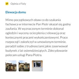 Piotr Góralczuk - Zrzut ekranu opinii klienta o usłudze elewacyjnej, z miniaturami zdjęć budynku przed i po pracach.