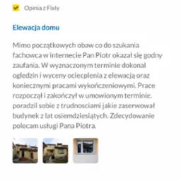 Zrzut ekranu opinii klienta o usłudze elewacyjnej, z miniaturami zdjęć budynku przed i po pracach.