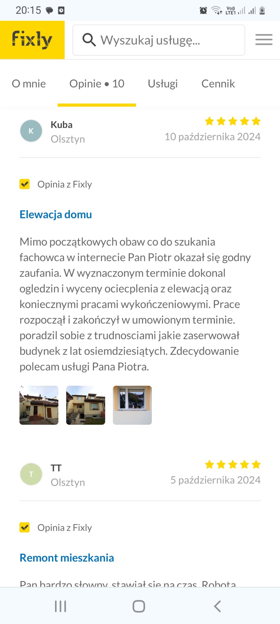 Zrzut ekranu opinii klienta o usłudze elewacyjnej, z miniaturami zdjęć budynku przed i po pracach.