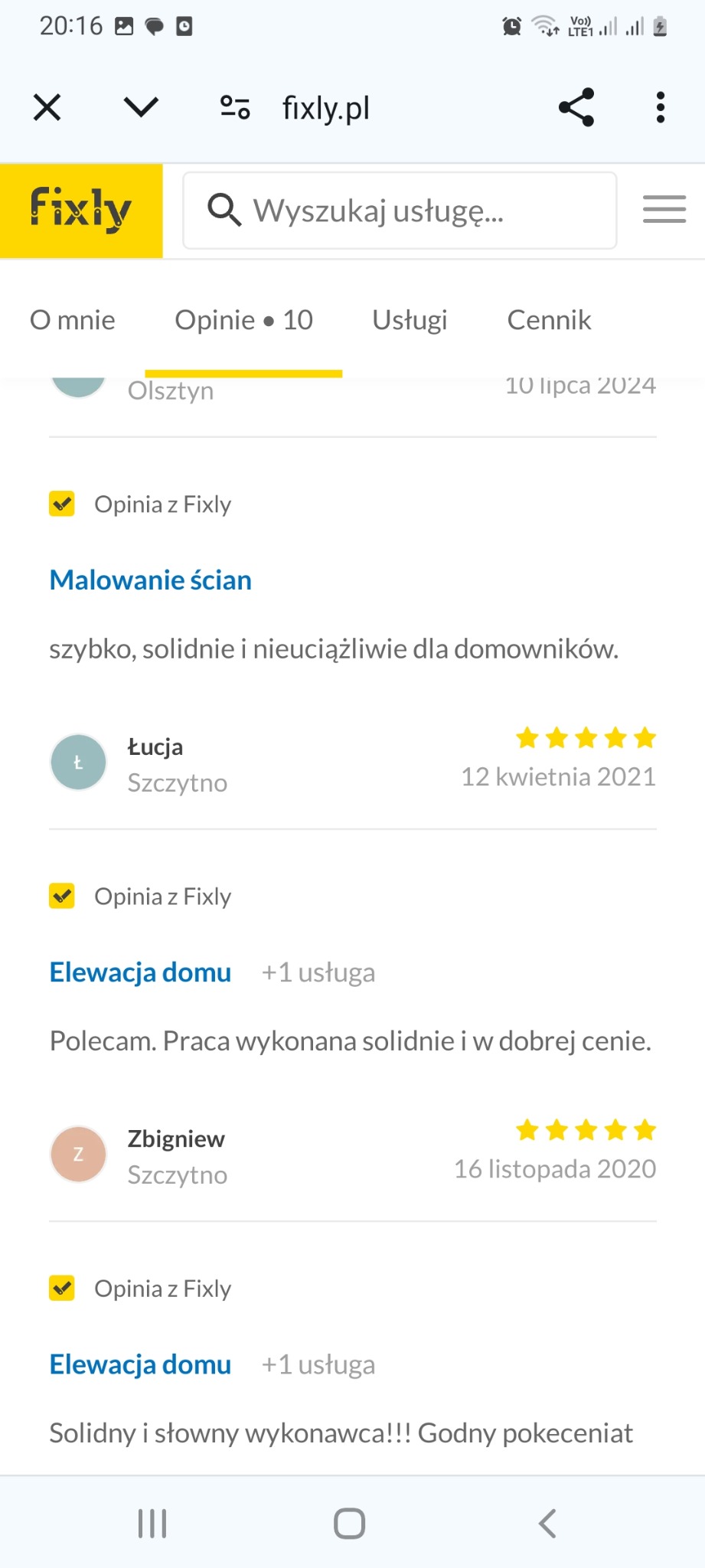 Zrzut ekranu strony internetowej Fixly.pl z opiniami użytkowników na temat malowania ścian i elewacji domów, zawierający oceny w postaci gwiazdek i komentarze dotyczące solidności i jakości...