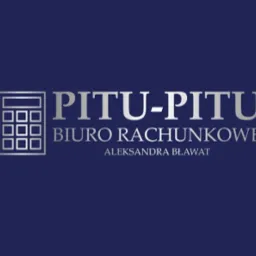 Logo biura rachunkowego PITU-PITU Aleksandry Bławat, z symbolem kalkulatora w kolorze srebrnym na granatowym tle.