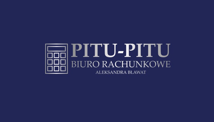 Logo biura rachunkowego PITU-PITU Aleksandry Bławat, z symbolem kalkulatora w kolorze srebrnym na granatowym tle.