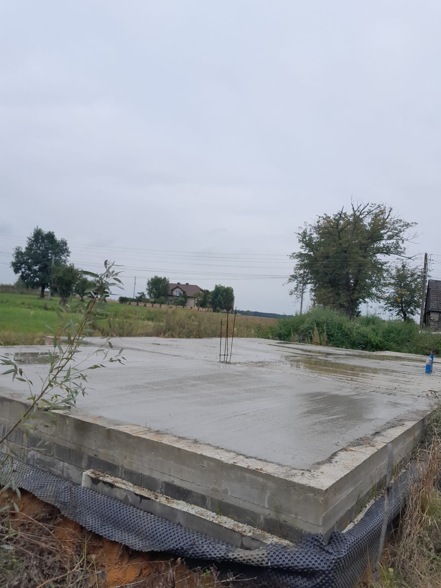 Wylany fundament pod budynek jednorodzinny, z widoczną hydroizolacją i wystającymi prętami zbrojeniowymi, w tle zielony krajobraz i dom.