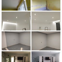 UNI-FLOOR Dominik Jaworowski - Sekwencja zdjęć przedstawiająca etapy remontu pokoju: od surowego stanu z widocznymi instalacjami, przez montaż sufitu podwieszanego z oświetleniem punktowym, szpachlowanie ścian, aż po pomalowane...
