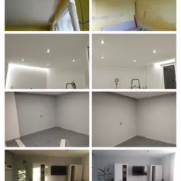 Sekwencja zdjęć przedstawiająca etapy remontu pokoju: od surowego stanu z widocznymi instalacjami, przez montaż sufitu podwieszanego z oświetleniem punktowym, szpachlowanie ścian, aż po pomalowane...
