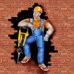 Karykaturalny murarz w kasku opiera się o wiertarkę udarową, stojąc w otworze wybitym w ceglanej ścianie.