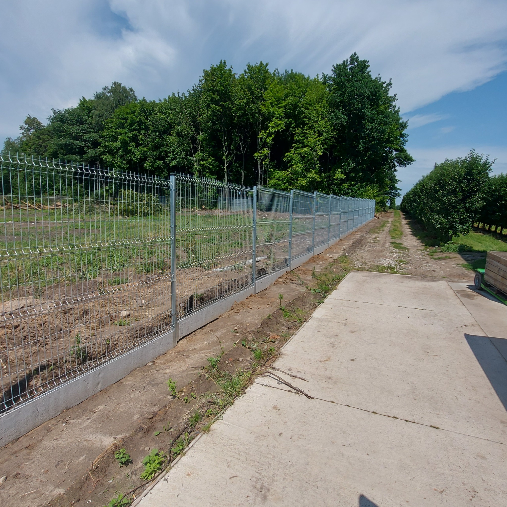 Długa, metalowa siatka ogrodzeniowa z betonową podmurówką, rozciągająca się wzdłuż polnej drogi, z zielonymi drzewami w tle pod błękitnym niebem.