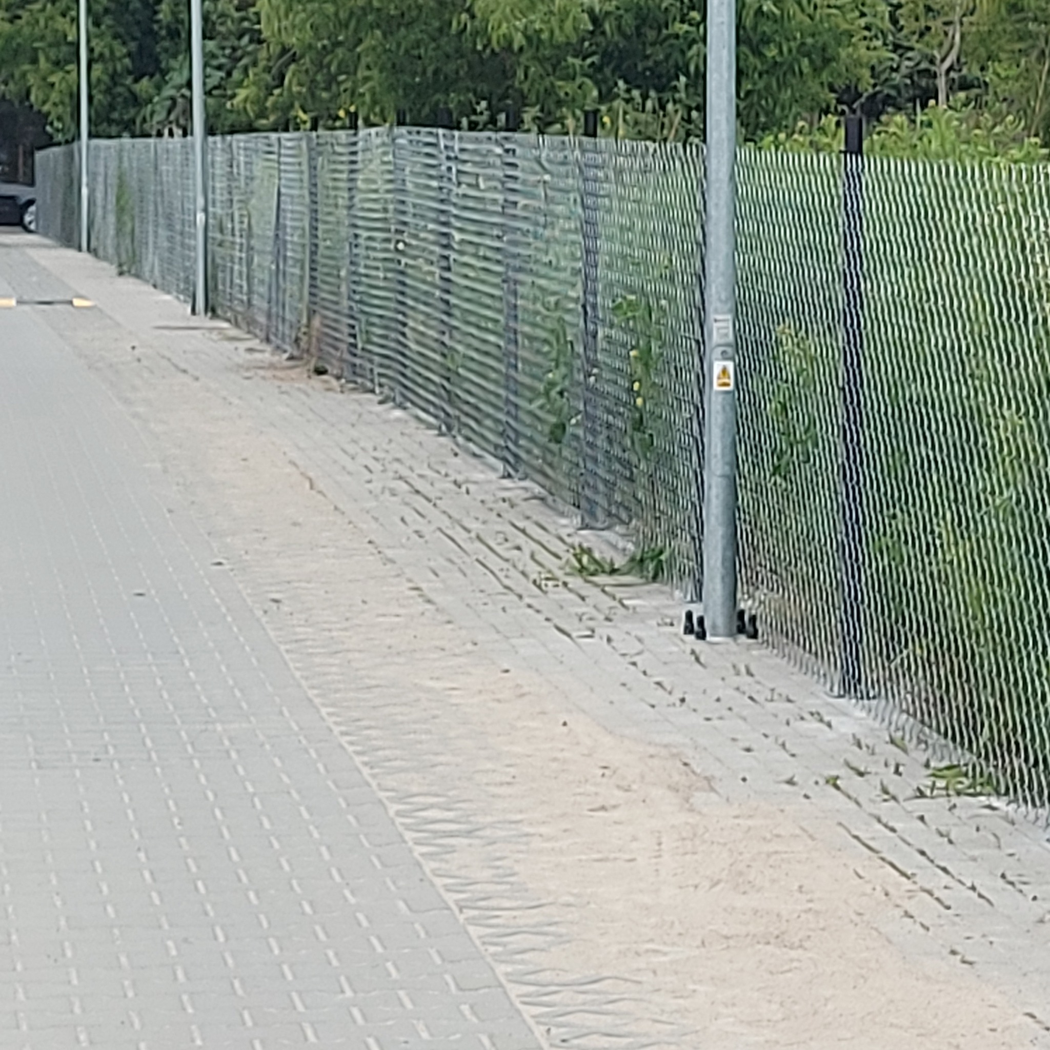 Długi, metalowy płot z siatki maskującej, częściowo porośnięty zielenią, oddziela chodnik z kostki od terenu zielonego. Widoczny słup oświetleniowy.