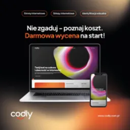 Laptop i smartfon wyświetlają identyczną stronę internetową z abstrakcyjnym, kolorowym motywem graficznym i hasłem 'Twój kod na sukces i obecność w internecie!', branding firmy Codly widoczny...