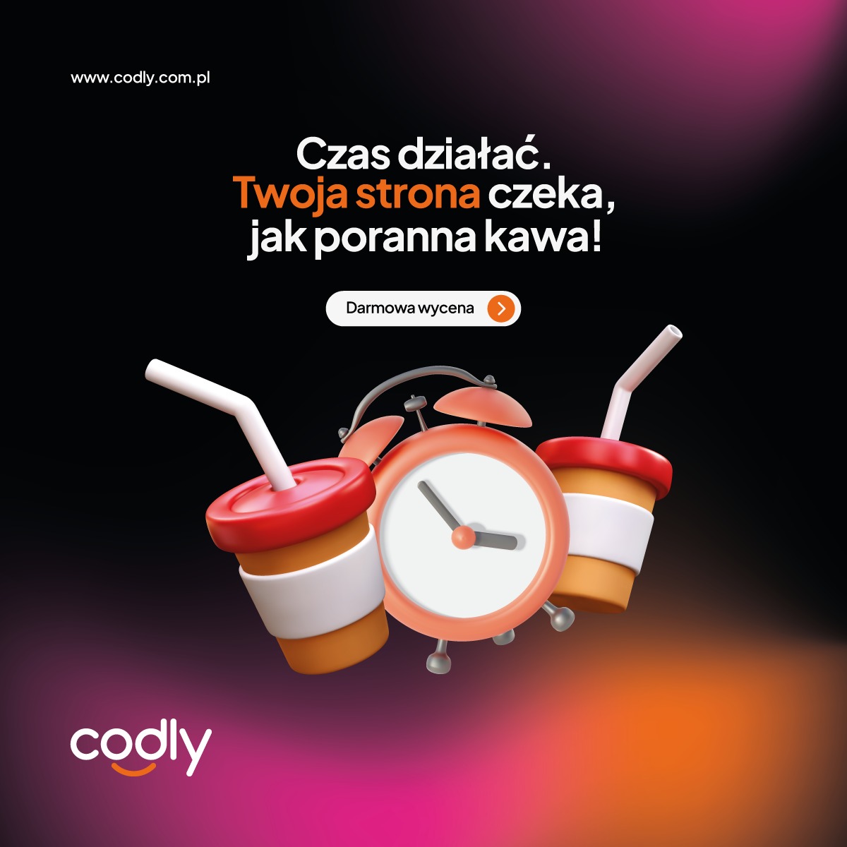 Grafika 3D z pomarańczowym budzikiem i dwoma kubkami kawy z rurkami na ciemnym tle z gradientem, promująca szybkie uruchomienie strony internetowej.