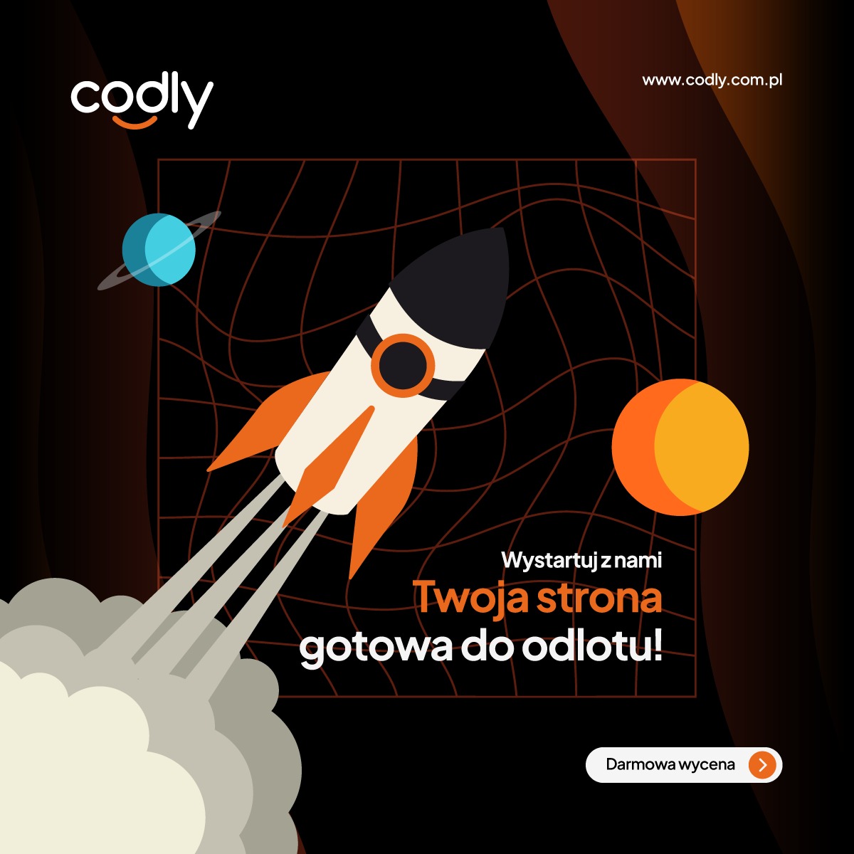 Ilustracja rakiety w przestrzeni kosmicznej z planetami, symbolizująca gotowość strony internetowej do startu, oferta firmy z Białegostoku.