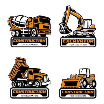 Zestaw czterech graficznych logo przedstawiających maszyny budowlane: betoniarkę, koparkę, wywrotkę i ładowarkę. Każde logo zawiera napis 'CONSTRUCTION' i miejsce na slogan.