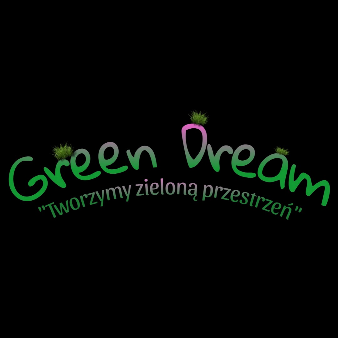 Logo firmy Green Dream z hasłem 'Tworzymy zieloną przestrzeń', litery w kolorach zieleni i różu, z motywem trawy na górze liter, na czarnym tle.