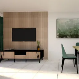 Wizualizacja salonu z drewnianą ścianą z lamelami, czarnym telewizorem, szafką RTV z drewnianymi frontami, zielonymi zasłonami, obrazem w zieleni i stołem z krzesłami w odcieniach zieleni.