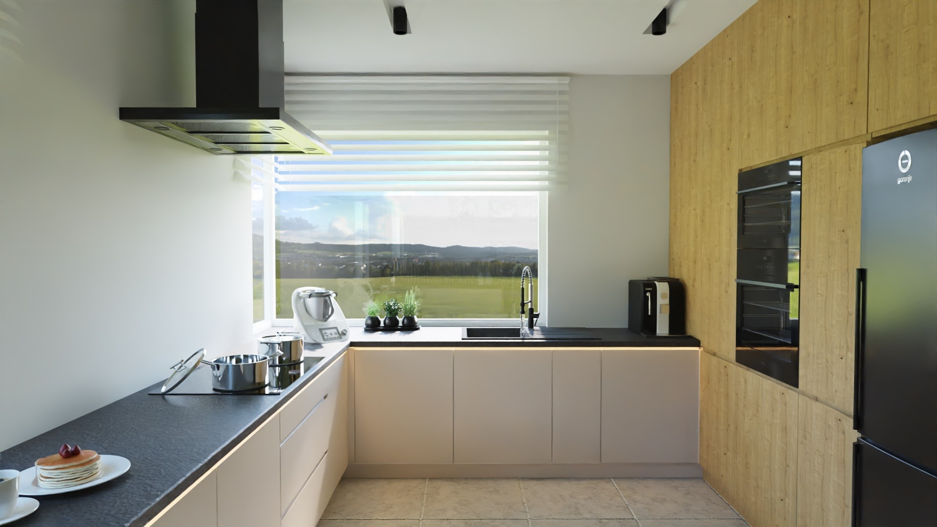 Wizualizacja nowoczesnej kuchni z widokiem na krajobraz, jasne fronty szafek, czarny blat i sprzęt AGD, na blacie widoczne naczynia i talerz z naleśnikami.