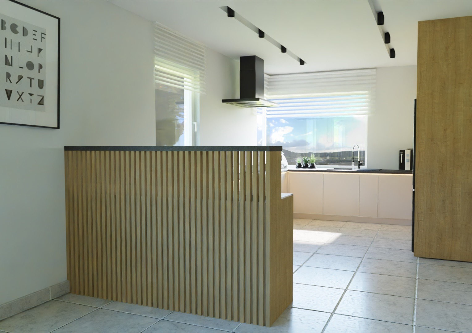 Wizualizacja nowoczesnej kuchni z wyspą wykończoną pionowymi lamelami w odcieniach drewna, na ścianie plakat z alfabetem, okno z widokiem na krajobraz.