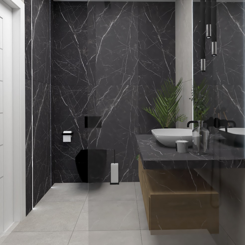 Wizualizacja łazienki z czarnymi marmurowymi płytkami, podświetleniem LED po bokach, wiszącą toaletą, umywalką nablatową i drewnianą szafką pod umywalką oraz rośliną w tle.