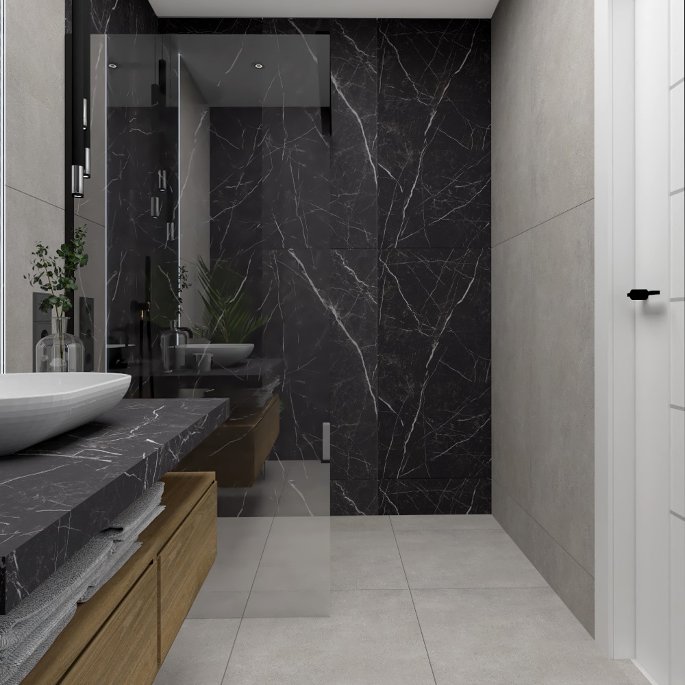 Nowoczesna łazienka z czarnymi marmurowymi płytkami, owalną umywalką nablatową, drewnianą szafką pod umywalką i przeszklonym prysznicem typu walk-in.