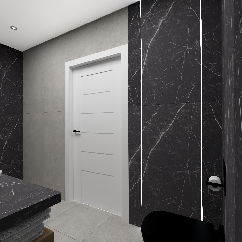 Nowoczesna łazienka z czarnymi marmurowymi płytkami, białą, minimalistyczną umywalką i drzwiami, oświetleniem punktowym i szarymi płytkami na ścianie.