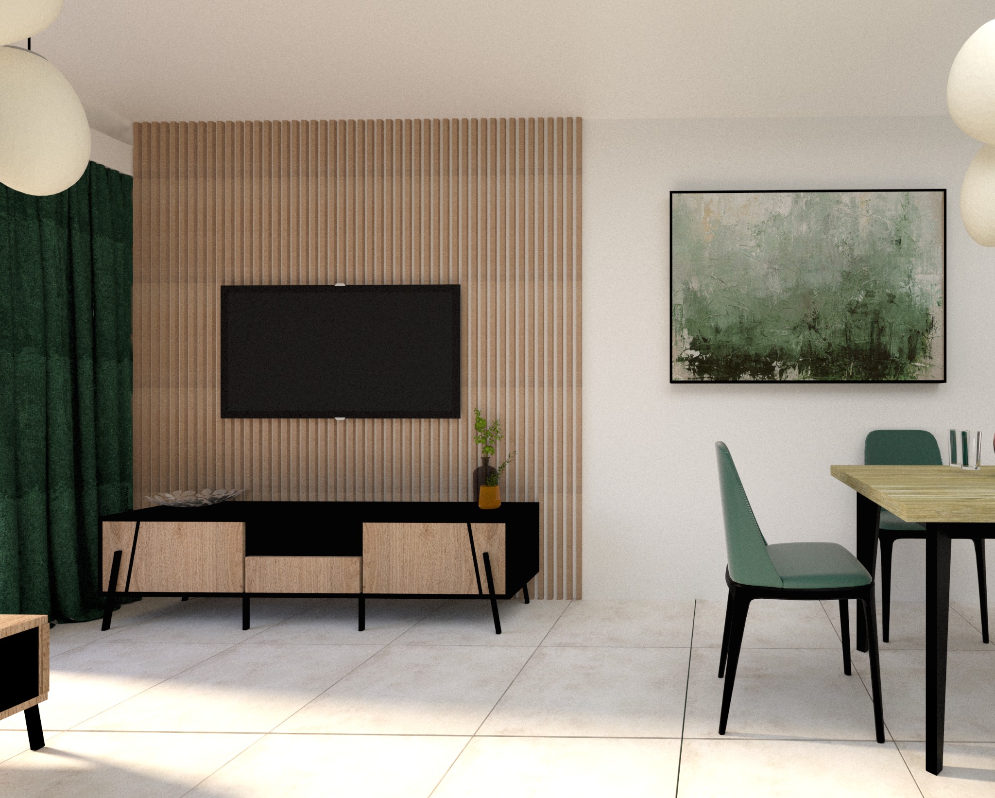 Wizualizacja salonu z drewnianą ścianą z lamelami, czarnym telewizorem, szafką RTV z drewnianymi frontami, zielonymi zasłonami, obrazem w zieleni i stołem z krzesłami w odcieniach zieleni.