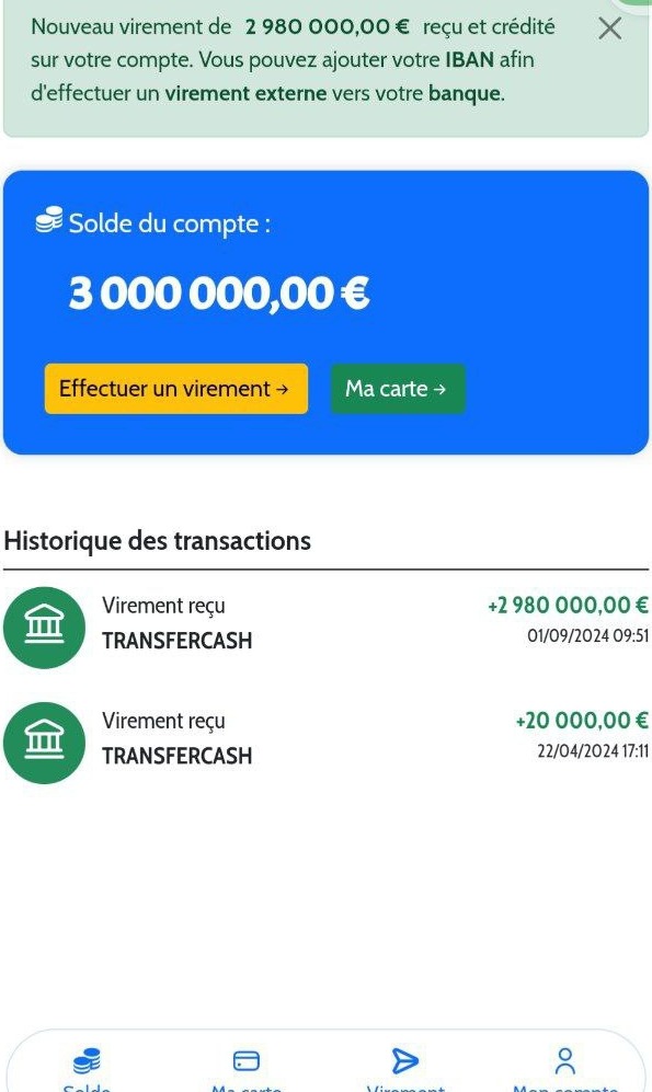Zrzut ekranu aplikacji bankowej z saldem konta 3 000 000,00 € oraz historią transakcji, w tym przelewem przychodzącym od TRANSFERCASH na kwotę 2 980 000,00 €.
