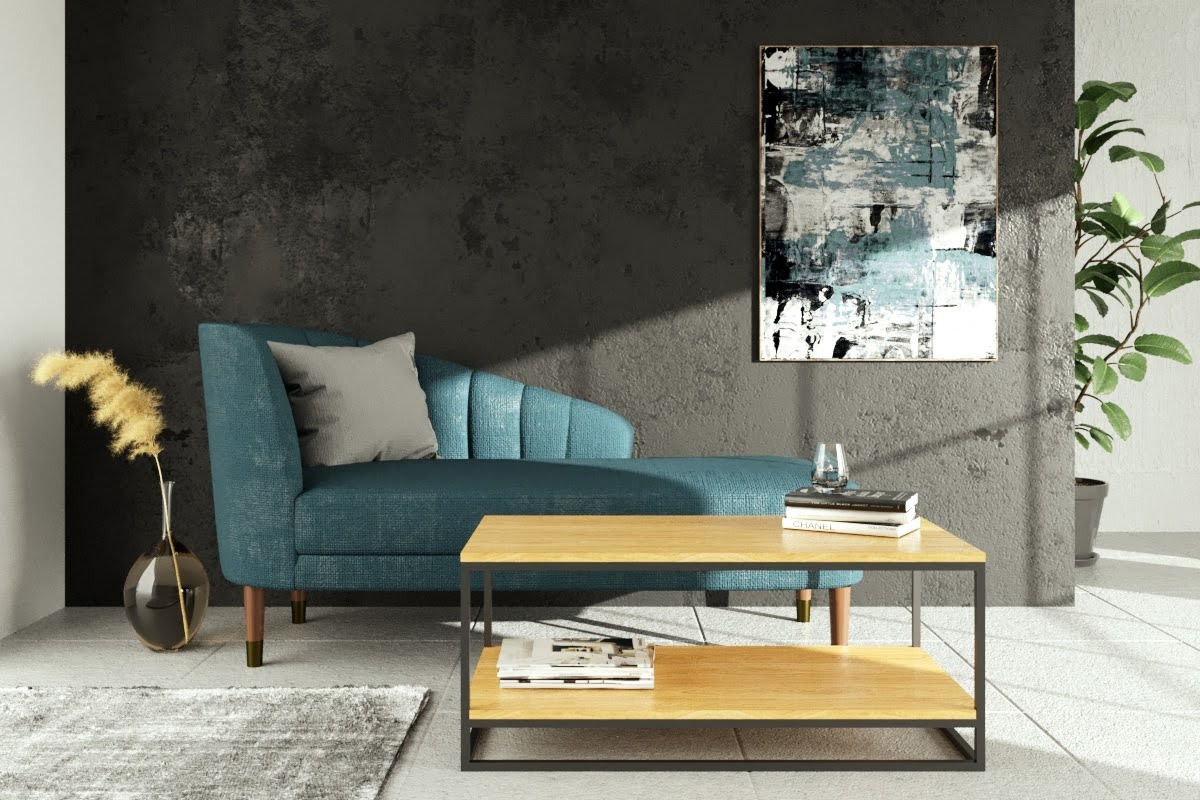 Aranżacja salonu z turkusową sofą, drewnianym stolikiem kawowym z czarnymi metalowymi nogami, abstrakcyjnym obrazem na ścianie i rośliną doniczkową.