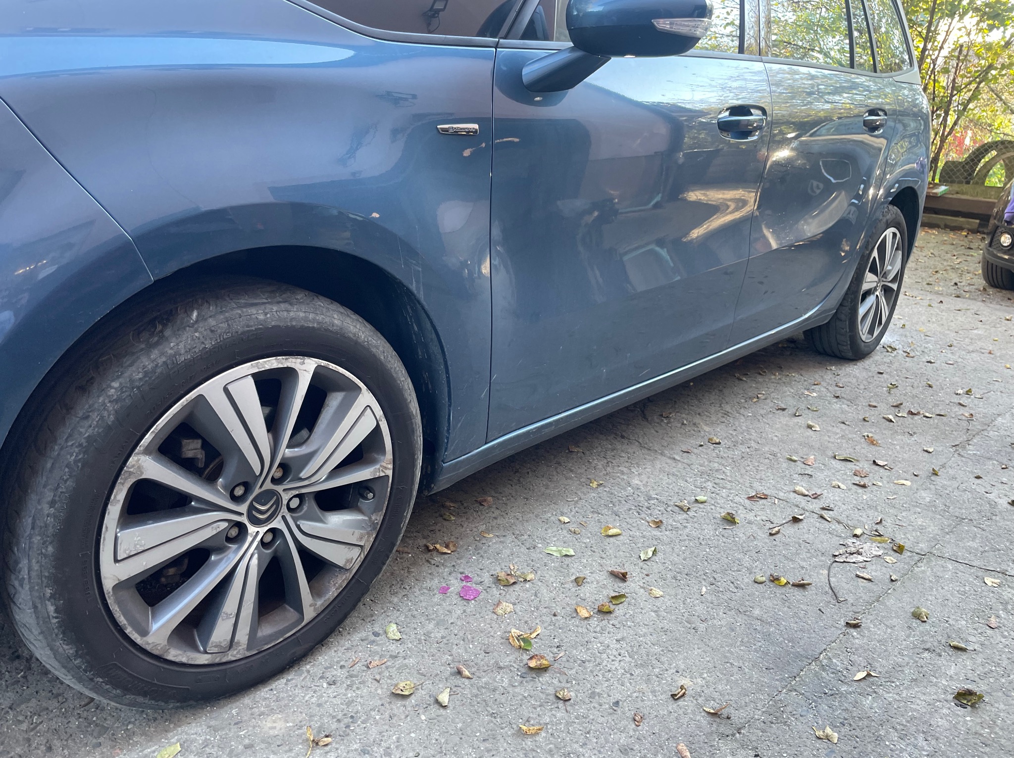 Boczny widok brudnego, niebieskiego samochodu typu minivan z widocznymi śladami po myciu, zaparkowanego na betonowym podłożu usianym suchymi liśćmi.